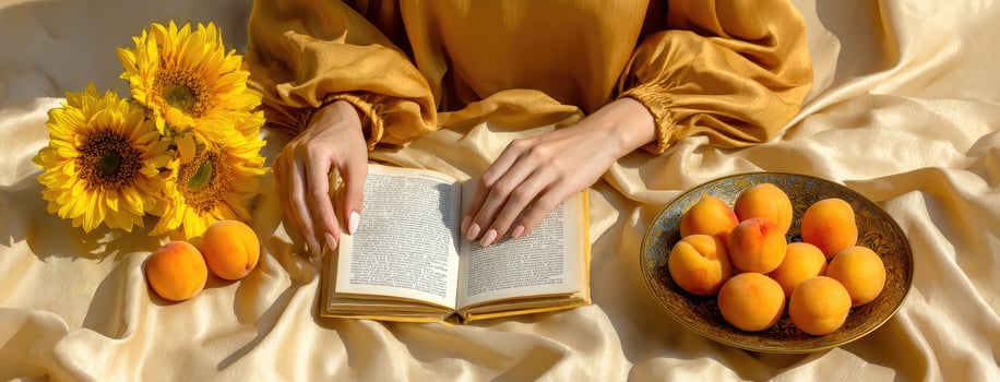 A woman is reading a book with sunflowers on the table photo