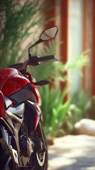 A red motorcycle parked on a street photo