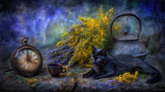 A black cat sitting next to a teapot and flowers photo