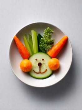 Creative and Playful Vegetable Art Featuring a Dog Face Made From Fresh Produce in a White Bowl photo