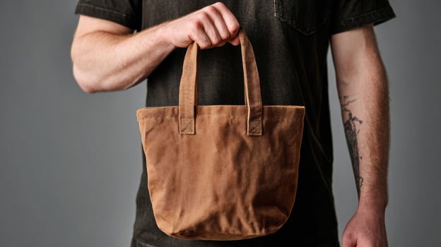 Hand Holding a Brown Canvas Tote Bag Against a Grey Background With Focus on the Bag and Part of a Mans Arm photo
