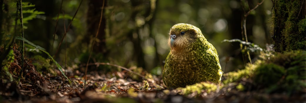 Kakapo Rests Quietly on the Forest Floor Amidst Dappled Sunlight in the Tranquil Wilderness photo