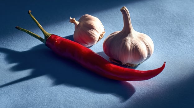 Chili Peppers and Garlic Create a Vibrant Still Life Composition With Striking Shadows on a Blue Surface photo