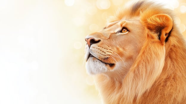Majestic lion with thick mane on light background, copy space photo