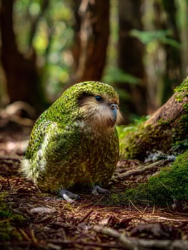 Kakapo Resting Peacefully on Forest Floor Amidst Dappled Sunlight With Open Space on the Right photo