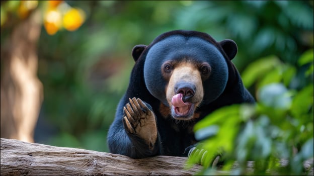 Malayan Sun Bear Licking Its Paw in a Vibrant Forest With an Open Canopy photo