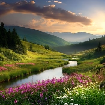 Serene Mountain Valley River at Golden Hour with Wildflowers. photo