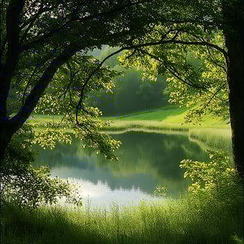 Tranquil Forest Scene with Glowing Green Leaves and Reflecting Water. photo