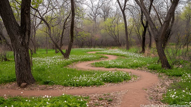 Serene Winding Path Through Spring Forest Covered in White Flowers. photo