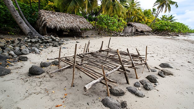 Tropical beach scene with palm trees and rustic huts. photo