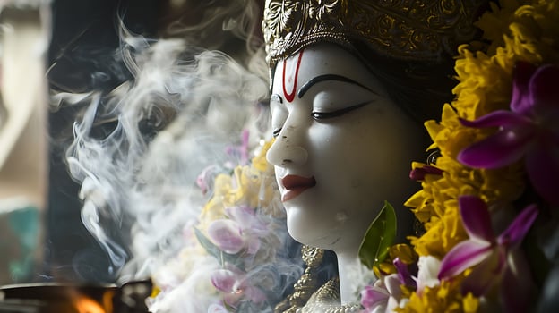 Serene Hindu Deity Statue Surrounded by Incense Smoke and Flowers. photo