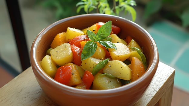 Freshly Cooked Potatoes and Peppers with Basil in a Bowl. photo