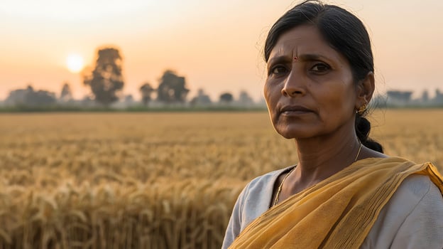 Woman farmer stands in a golden wheat field at sunset. photo