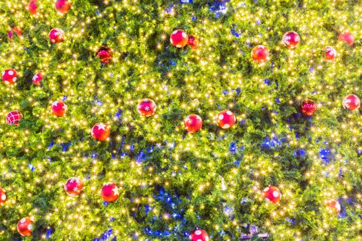 A christmas tree with many red and blue balls photo