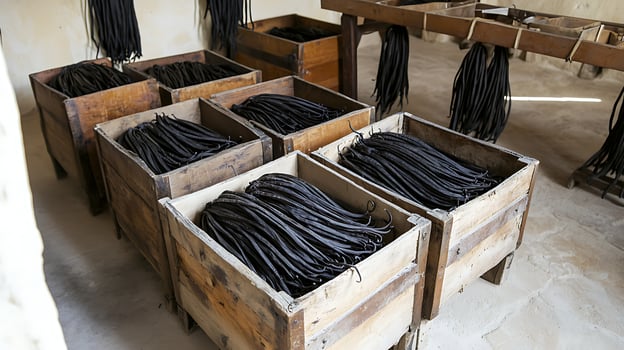 Dried Vanilla Beans Organized in Wooden Crates for Processing. photo