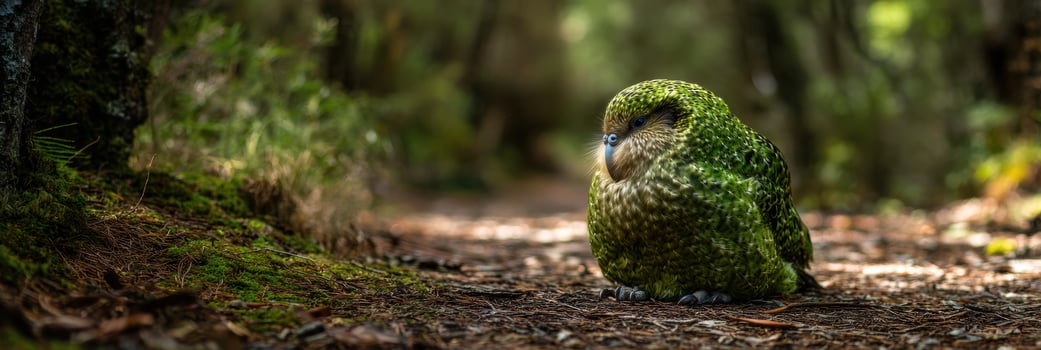 Kakapo Rests Quietly on the Forest Floor Under Dappled Light, Surrounded by Lush Foliage in Its Natural Habitat photo