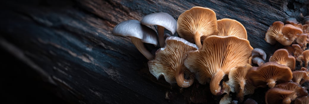 Mushrooms Growing on Dark Wood With Intricate Details Visible in Natural Lighting photo