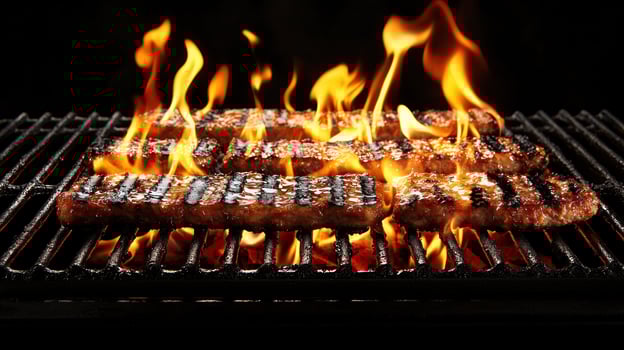 Grilled steaks on a grill with flames photo