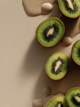 Floating Kiwi Halves on a Neutral Canvas Create a Minimalistic Composition With a Focus on Natural Textures and Vibrant Colors photo
