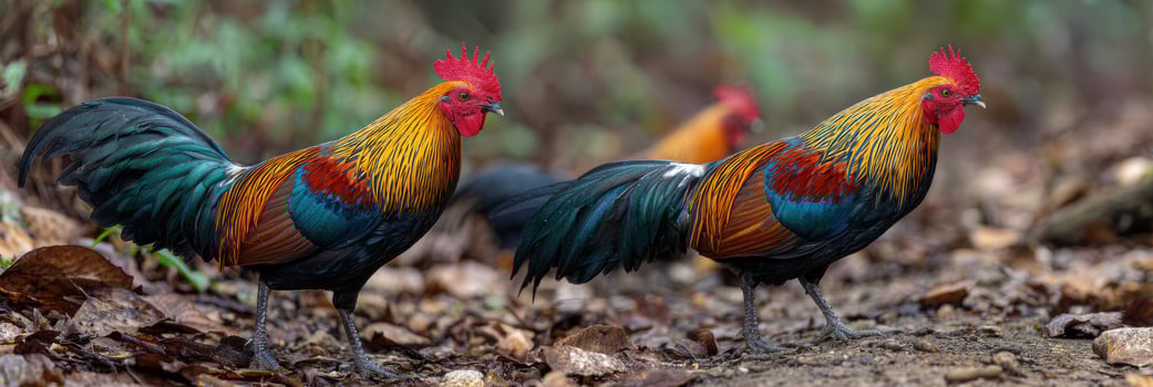 Vibrant Sri Lankan Junglefowl Displaying Colorful Feathers in a Lush Forest Setting During Daylight photo