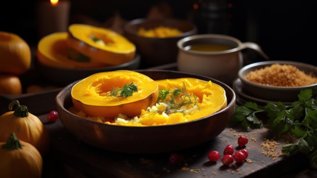 Pumpkin puree in a bowl with herbs and spices. photo