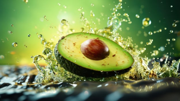 Avocado with water splash on green background photo