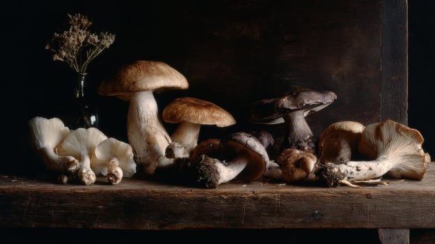 Still Life Display of Assorted Mushrooms on Dark Wood With a Clear Top Left Corner for Natural Elements photo