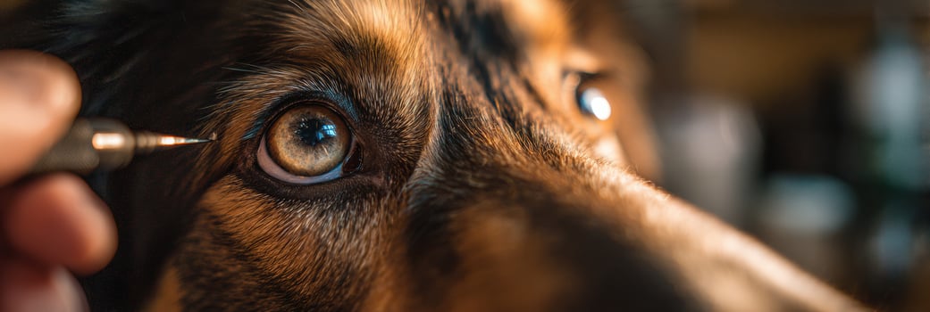 Veterinarian Examines Dogs Eyes With Tool in Warm Ambient Light Creating a Comforting Atmosphere photo