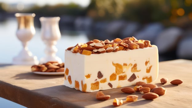 Delicious almond nougat with scattered nuts and elegant presentation. photo