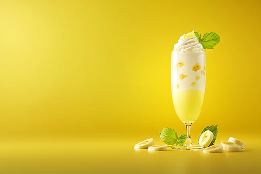 Creamy Banana Dessert Drink in Elegant Glassware against Yellow Background. This vibrant image showcases a delicious banana-flavored dessert drink, perfect for menus or food blogs. photo