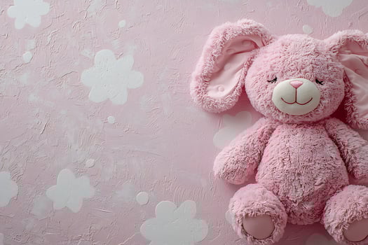 Adorable Pink Bunny Plush Toy on a Pastel Pink Background with White Flowers. photo