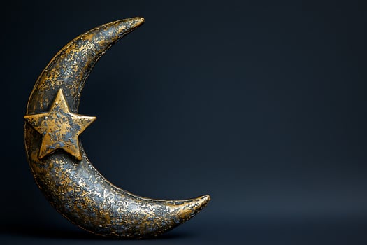 Decorative Crescent Moon and Star Ornament Gold and Dark Blue Abstract Design. photo