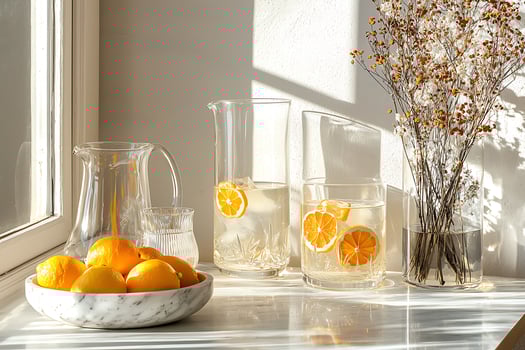 Sunlit Still Life Lemons, Water, and Dried Flowers on a Marble Surface. photo