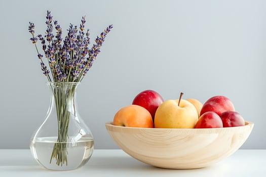 Still Life Photography Lavender and Fruit in a Wooden Bowl. A serene image perfect for home decor, wellness, or healthy living themes. photo