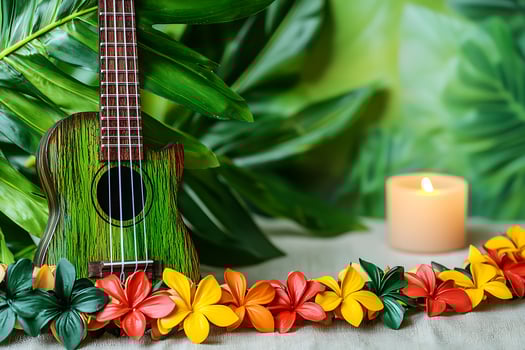 Ukulele, Tropical Flowers, and Candle A Relaxing Hawaiian Scene. photo