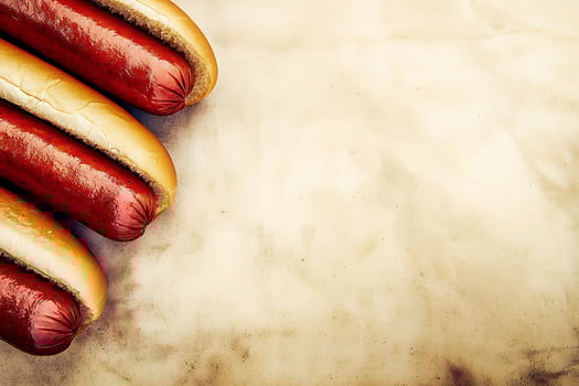 Delicious Hot Dogs in Buns on Rustic Background with Copy Space. A perfect image for food blogs, menus, and restaurant marketing. photo