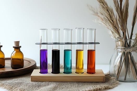 Colorful Liquids in Test Tubes on Wooden Stand Science Experiment Still Life. photo