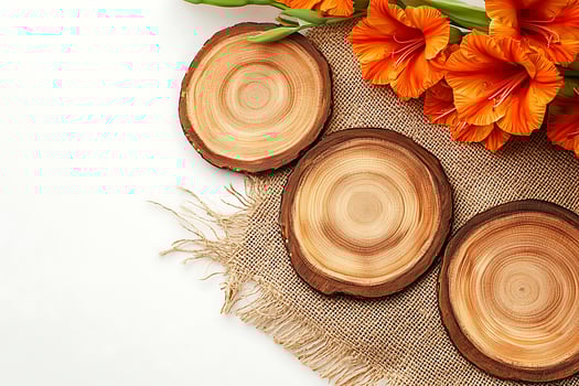 Wooden Slices with Orange Gladiolus Flowers on Burlap - Rustic Autumnal Background. photo