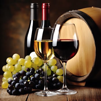 Two Glasses of Wine with Grapes and Oak Barrel A Still Life of Wine Tasting. photo
