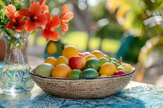 Vibrant Tropical Fruit in a Woven Basket with Hibiscus Flowers. A still life image depicting a summery scene of fresh citrus fruits and exotic blooms. photo