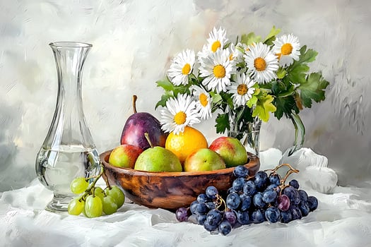 Still Life Painting Fruit Bowl with Daisies and Grapes. A vibrant, impressionistic artwork depicting a wooden bowl overflowing with fresh fruit, a bouquet of daisies, and bunches of grapes. photo