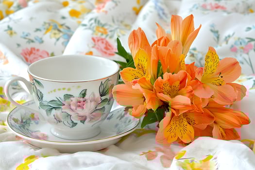 Elegant Teacup and Orange Alstroemeria Flowers on Floral Fabric. A delightful still life showcasing delicate floral patterns and vibrant blooms. photo