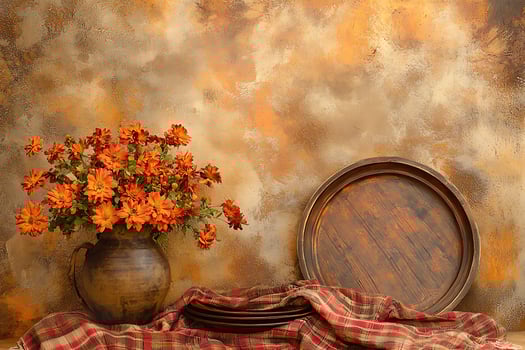 Autumnal Still Life Orange Flowers, Rustic Tray, and Earthy Tones. photo