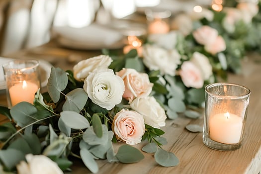 Elegant Wedding Table Decor Roses, Eucalyptus, and Candlelight. photo