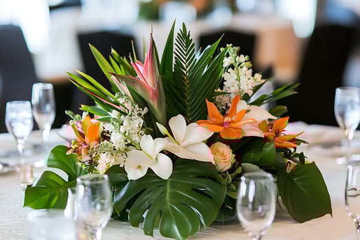 Luxurious Tropical Flower Arrangement on Elegant Table Setting. A stunning centerpiece of exotic blooms and lush foliage adorns a formal dinner table. photo
