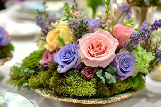 Pastel Rose and Moss Floral Arrangement on Antique Plate. A beautiful centerpiece featuring pastel-colored roses, moss, and other delicate flowers. photo