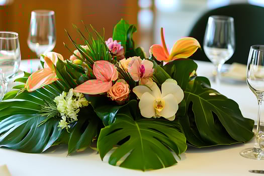 Elegant Tropical Flower Arrangement on a Table Setting. This image showcases a stunning centerpiece perfect for weddings or special events. photo