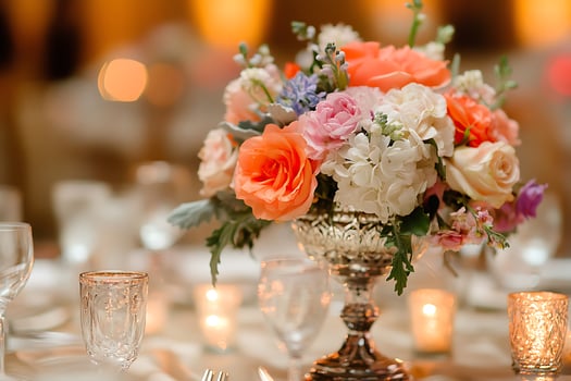 A table with white and orange flowers and candles photo