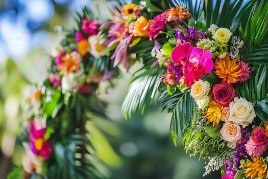 Vibrant Tropical Floral Archway for Wedding or Event Decoration. A close-up image showcasing a stunning arrangement of exotic flowers and lush greenery. photo