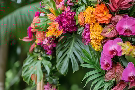 Vibrant Tropical Floral Arrangement A Lush Display of Orchids, Hydrangeas, and Exotic Leaves. photo